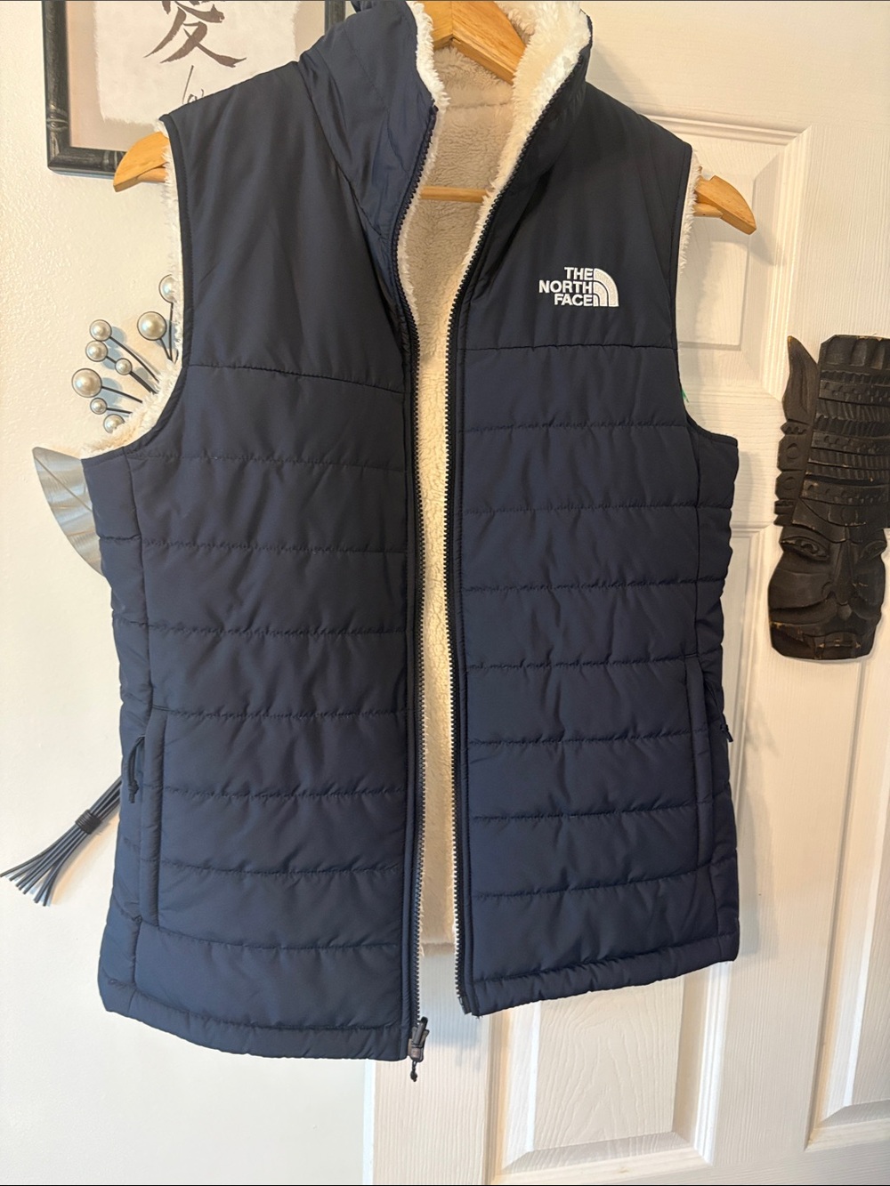 The North Face Navy Quilted Vest with Cream Sherpa Interior/reversible